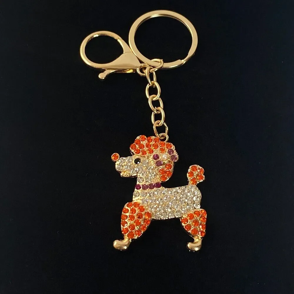 Poodle Rhinestone Charm Keychain Key Holder Orange Multi Gold Tone Metal New